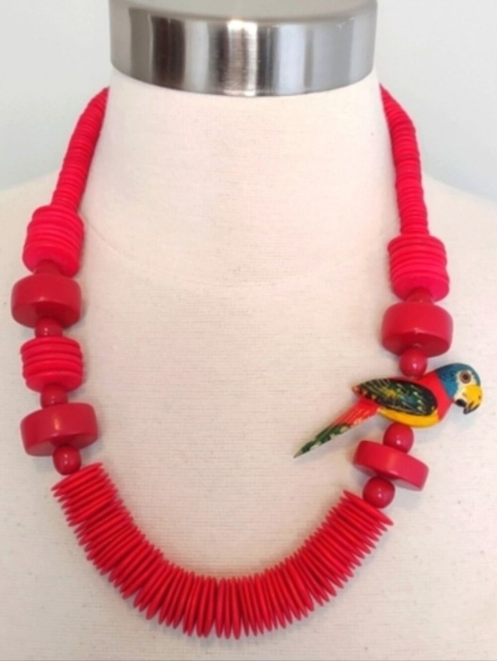 Vintage statement necklace parrot wooden red